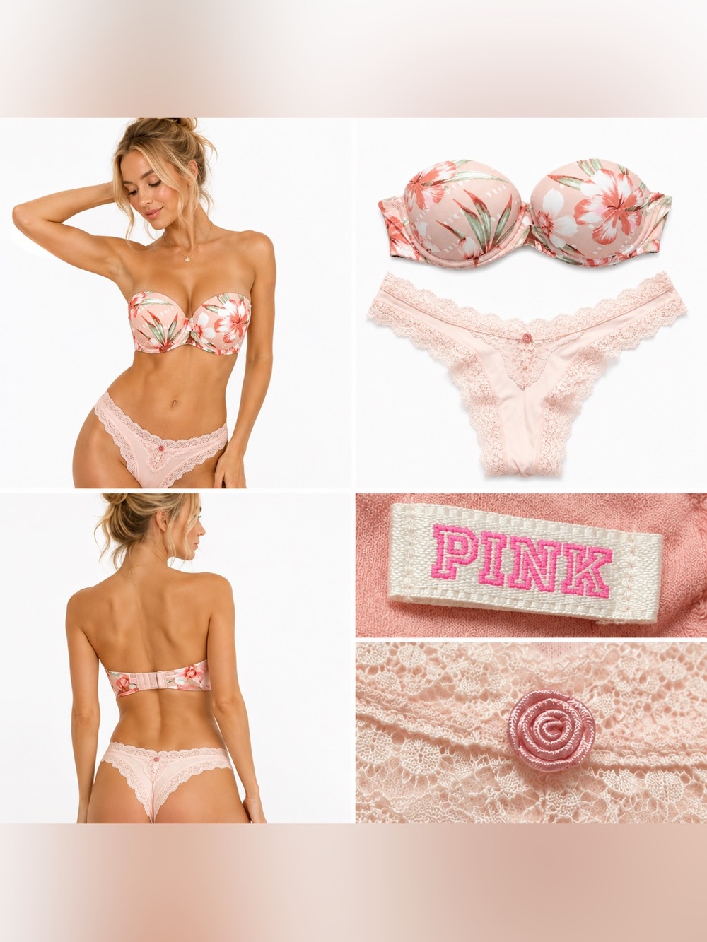 Victoria’s Secret PINK Floral Strapless Bra & VS Brazilian Panty Set | 32B / XS
